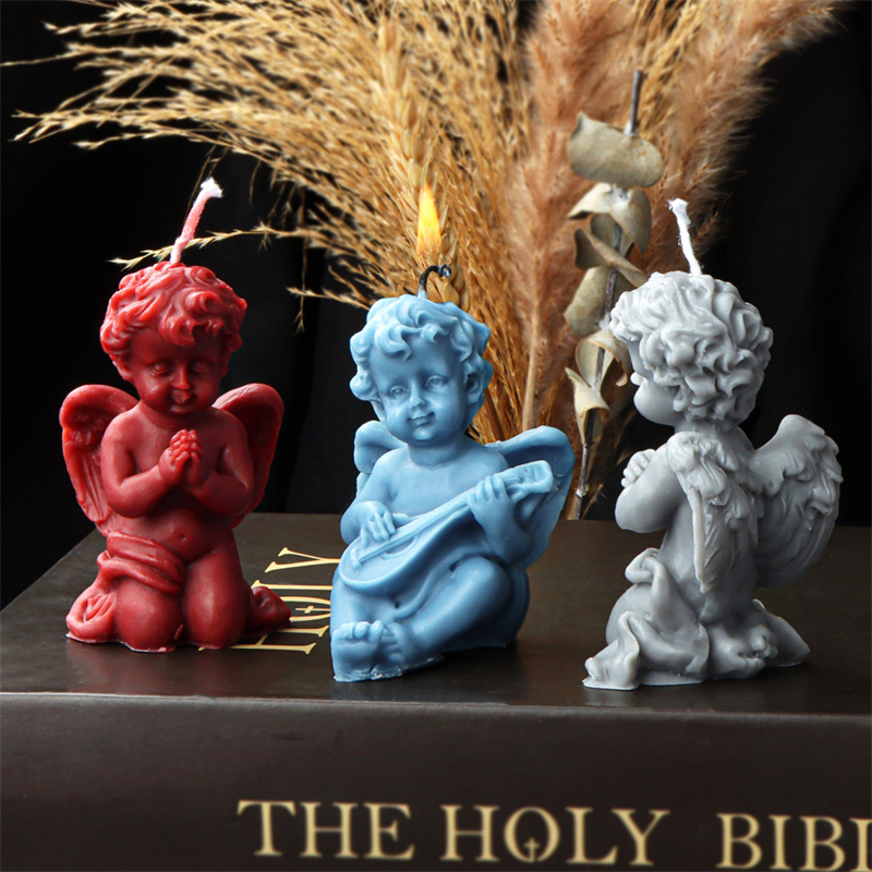Candle Fragrance Supplies - 3Dシリコンキャンドル型 祈りの姿をするひざまずく天使 ハープ付き レジンソープモールド デスクトップフレグランスアート 天使の工芸用品